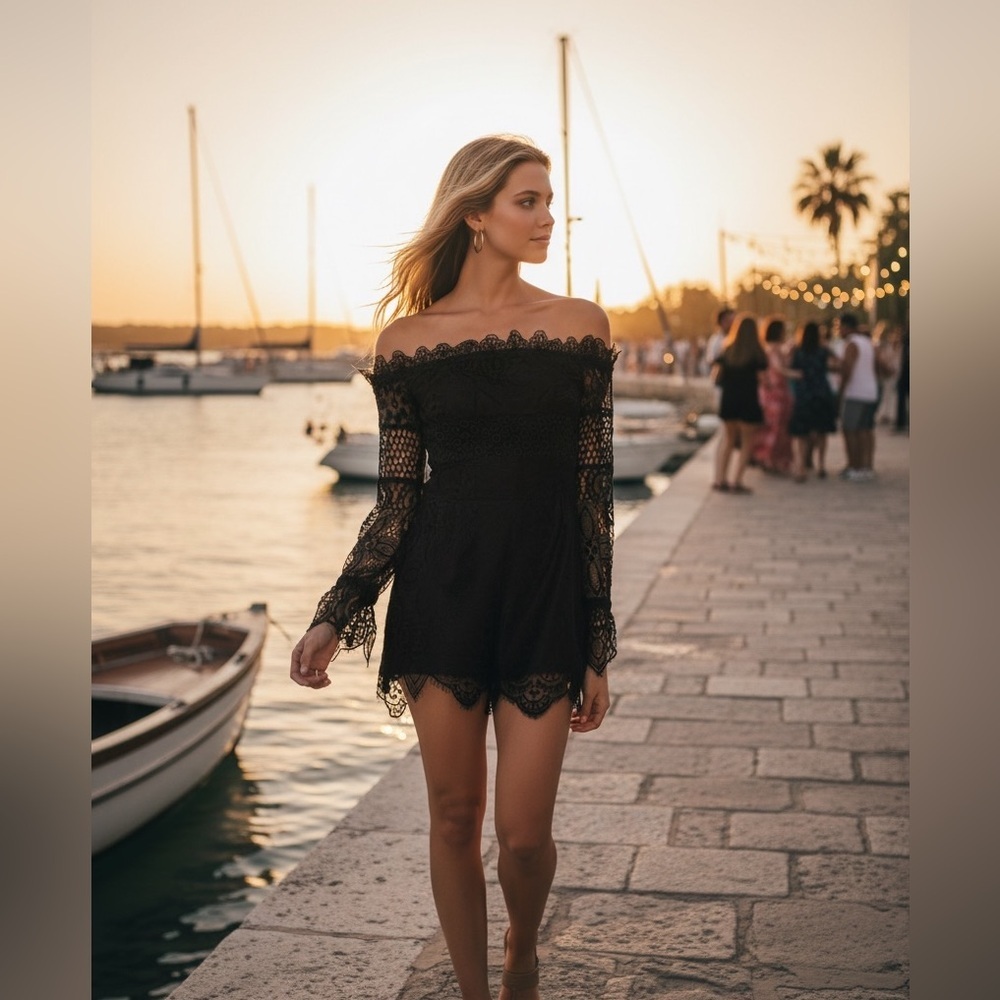 Kendall & Kylie Off Shoulder Black Lace Romper size S